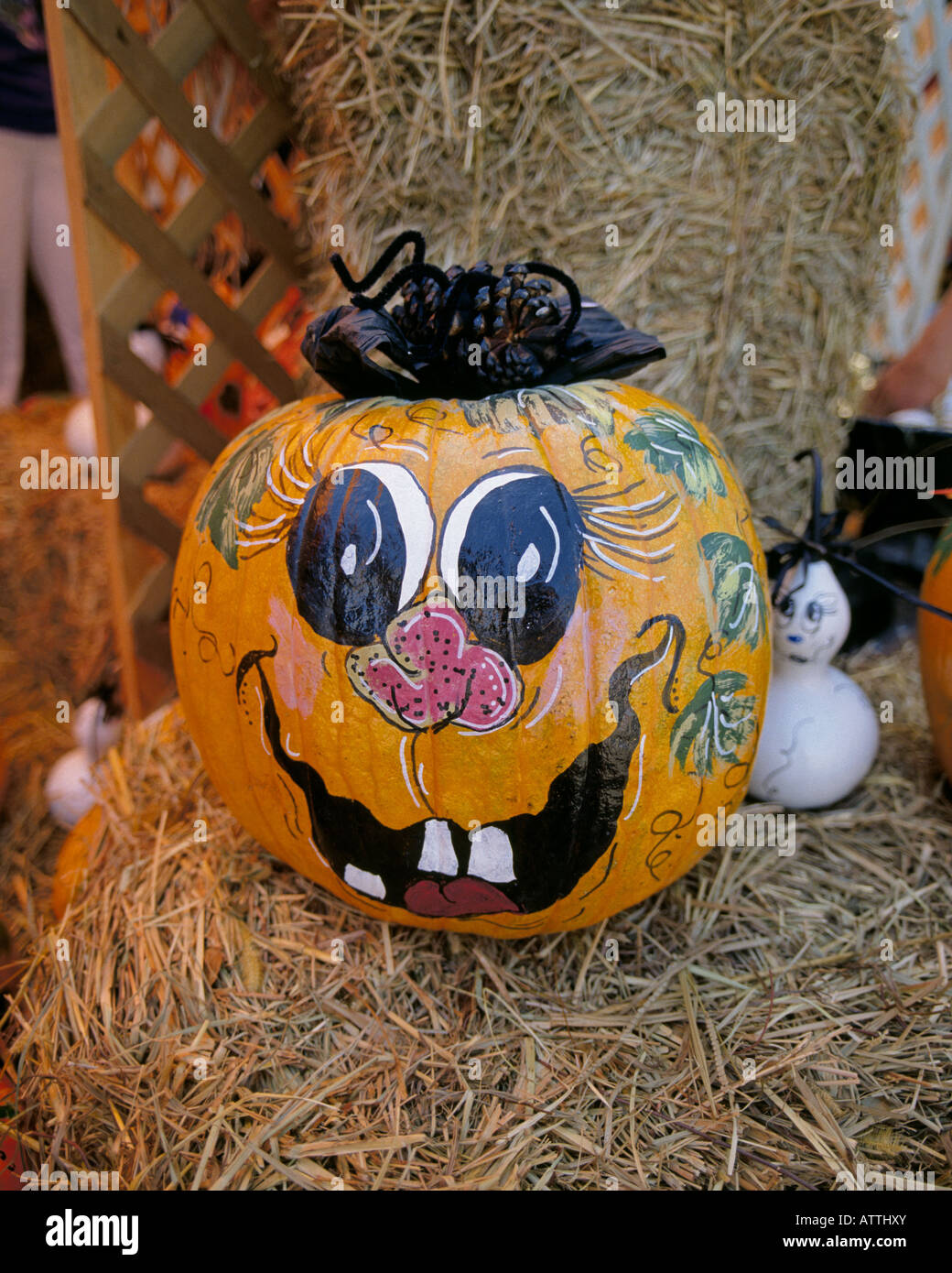 Pumpkins peint par les enfants avec des visages d'halloween sur l'affichage à une foire d'automne Octobre à Hot Springs en Arkansas Banque D'Images