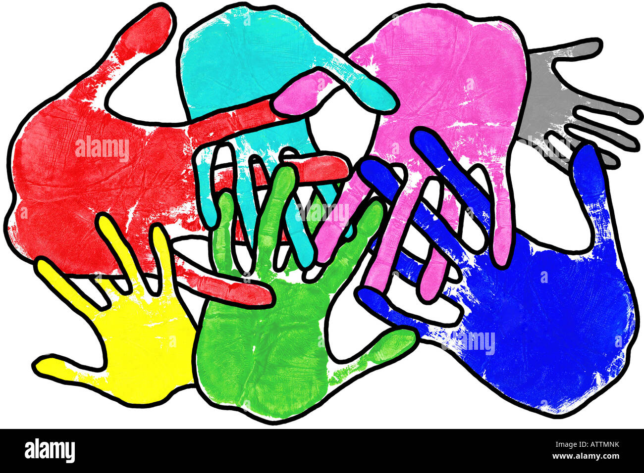 Imprime la main dans de nombreuses couleurs avec les doigts de verrouillage sur un fond blanc Banque D'Images