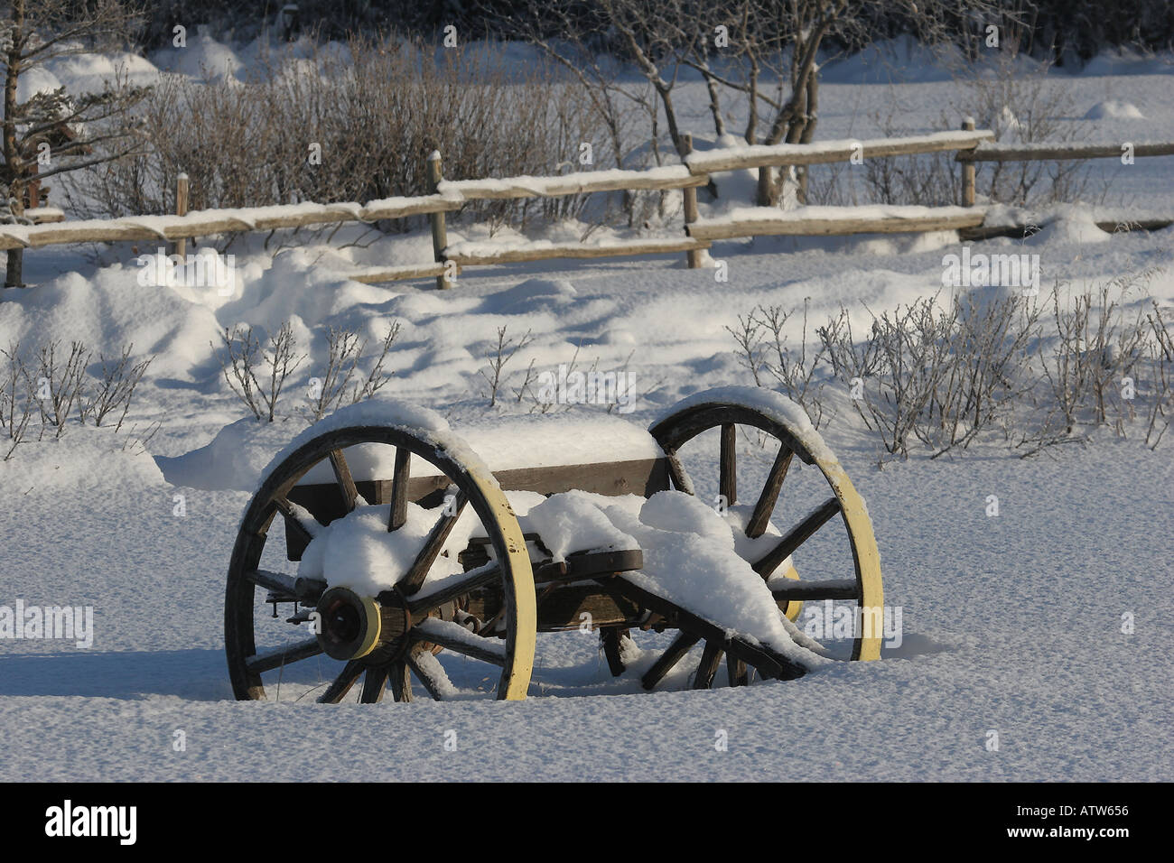 Buggy couvert de neige dans la ville pittoresque de la Saskatchewan Canada Banque D'Images