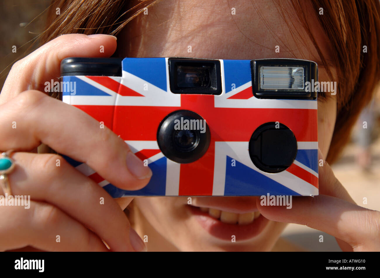 British Tourist avec caméra Union Jack Banque D'Images