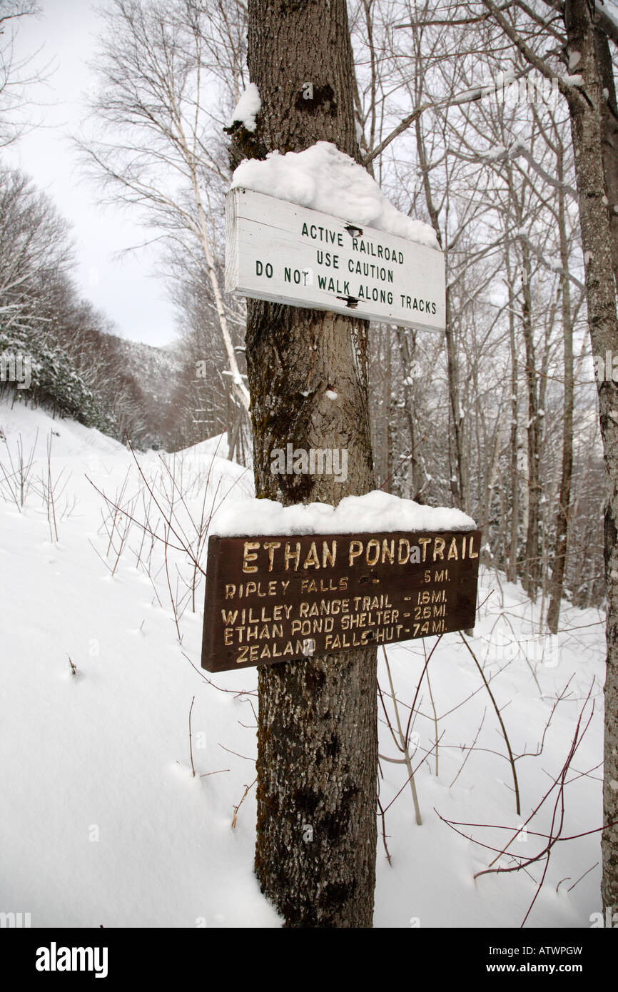 Le sentier de l'étang d'Ethan (Sentier des Appalaches) Inscription dans les Montagnes Blanches du New Hampshire, USA. Banque D'Images
