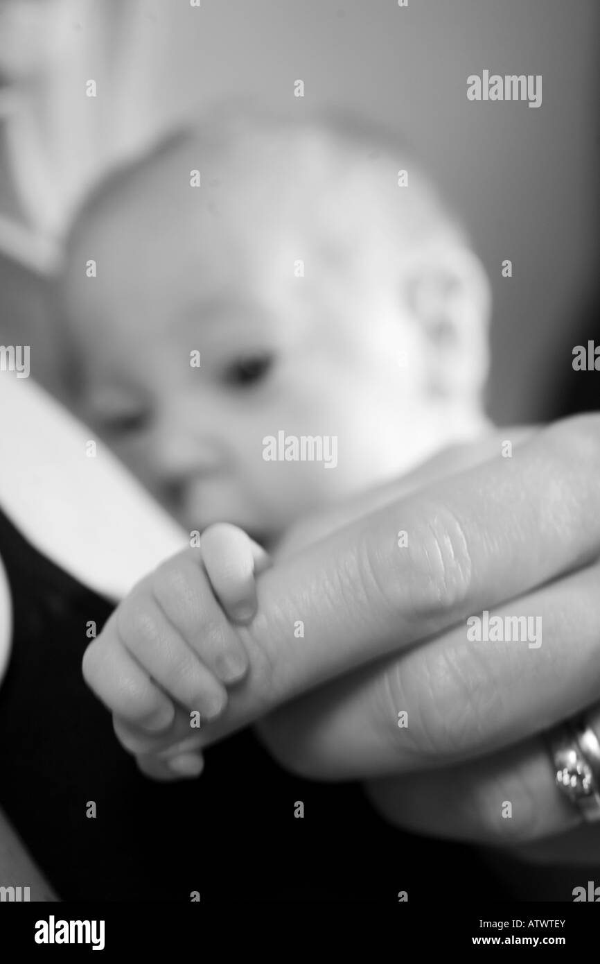 Un bébé prématuré saisit le doigt de sa mère, studio Banque D'Images