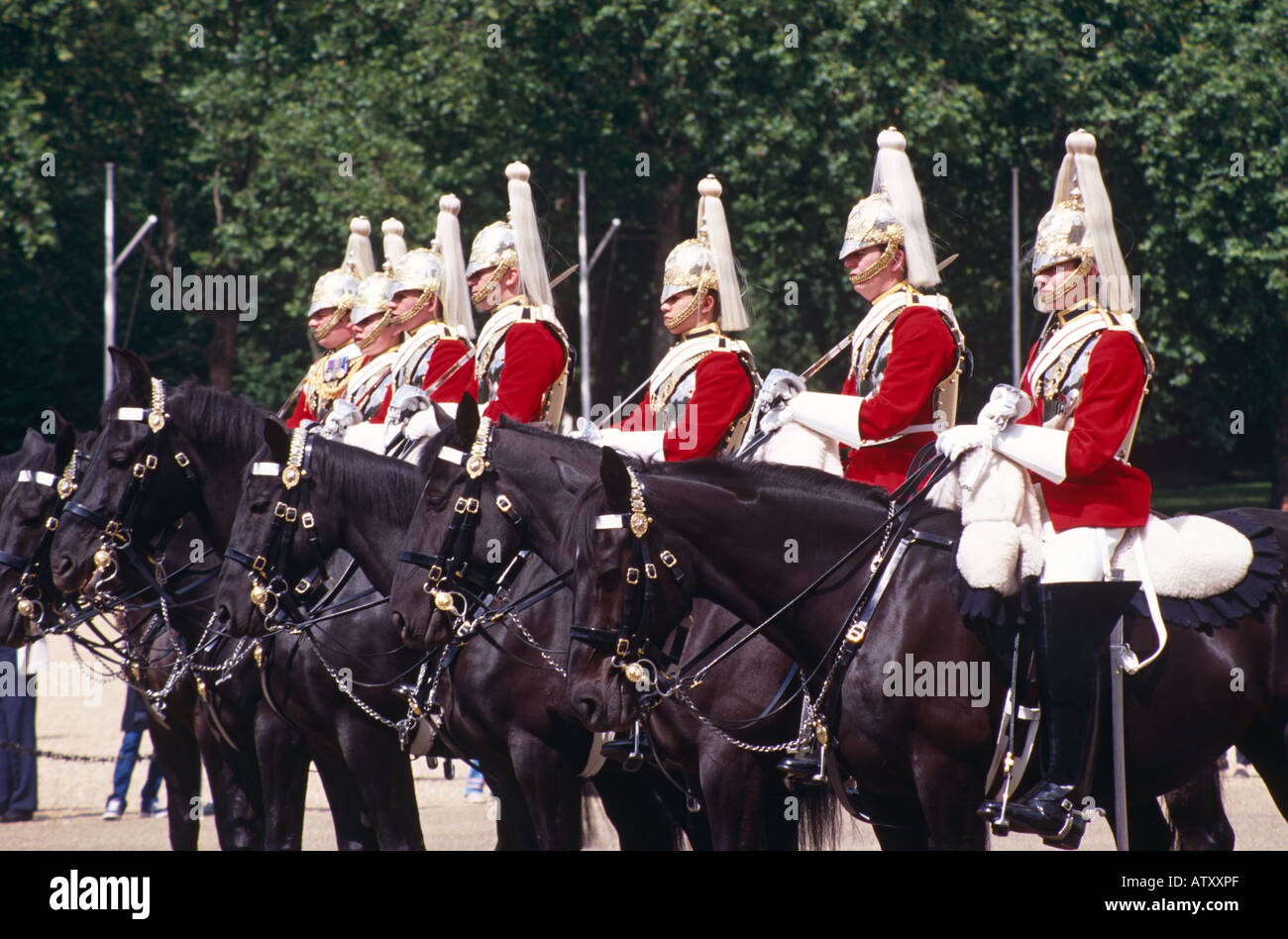 Horse Guards sur les chevaux, relève de la garde, Horse Guards Parade, Whitehall, Londres, Angleterre Banque D'Images