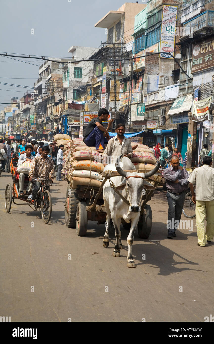 Scène de rue animée avec une circulation intense d'oxencart et tricycles dans Old Delhi Inde Asie Banque D'Images