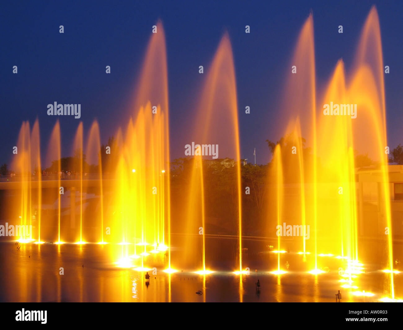 Fontaines lumineuses colorées par nuit Banque D'Images