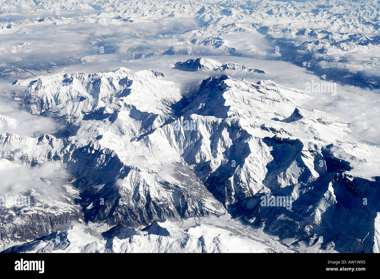 Vue depuis un avion, Alpes Banque D'Images