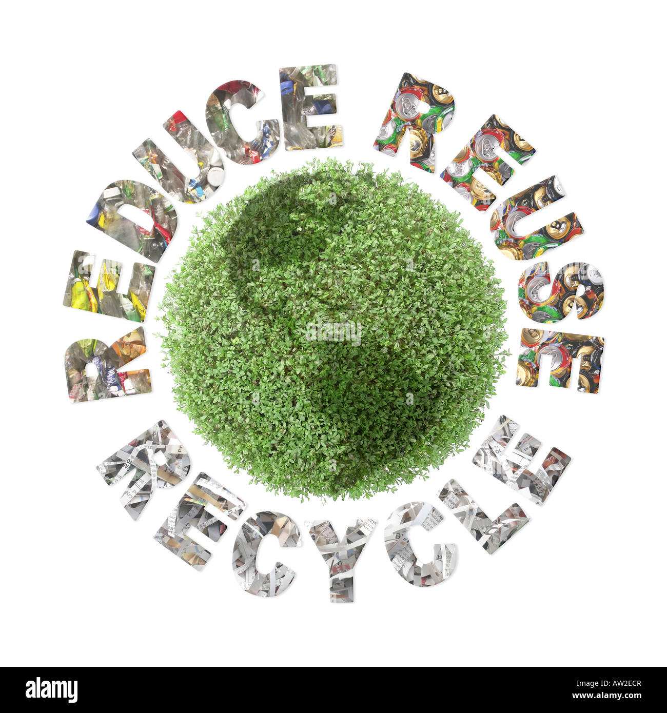 Plante verte globe et trois phrases écologique - réduire-réutiliser-recycler Banque D'Images