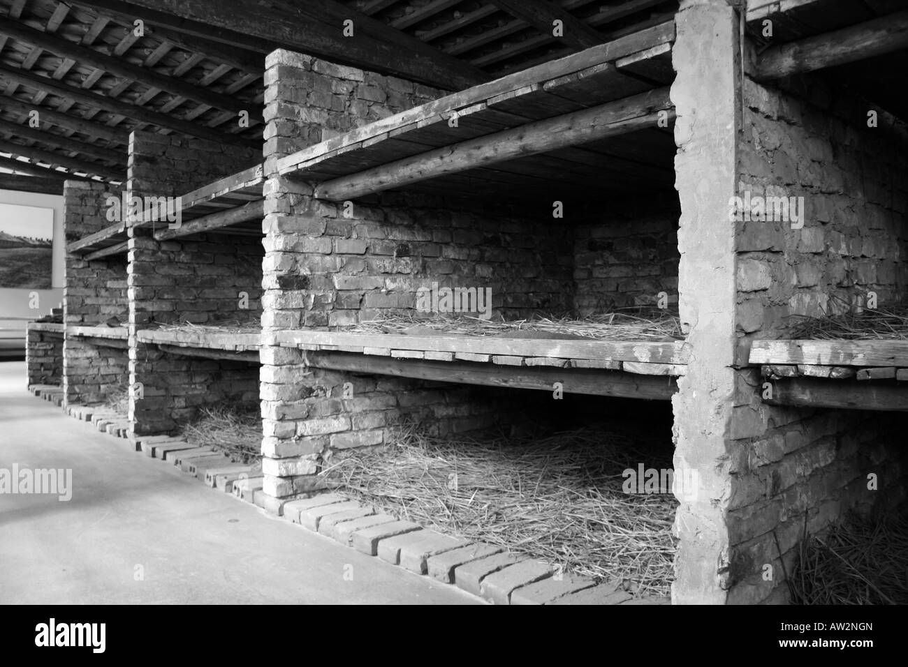 Un modèle d'une cabane en bois dans l'ancien camp de concentration Nazi à Auschwitz Birkenau, en Pologne. Banque D'Images