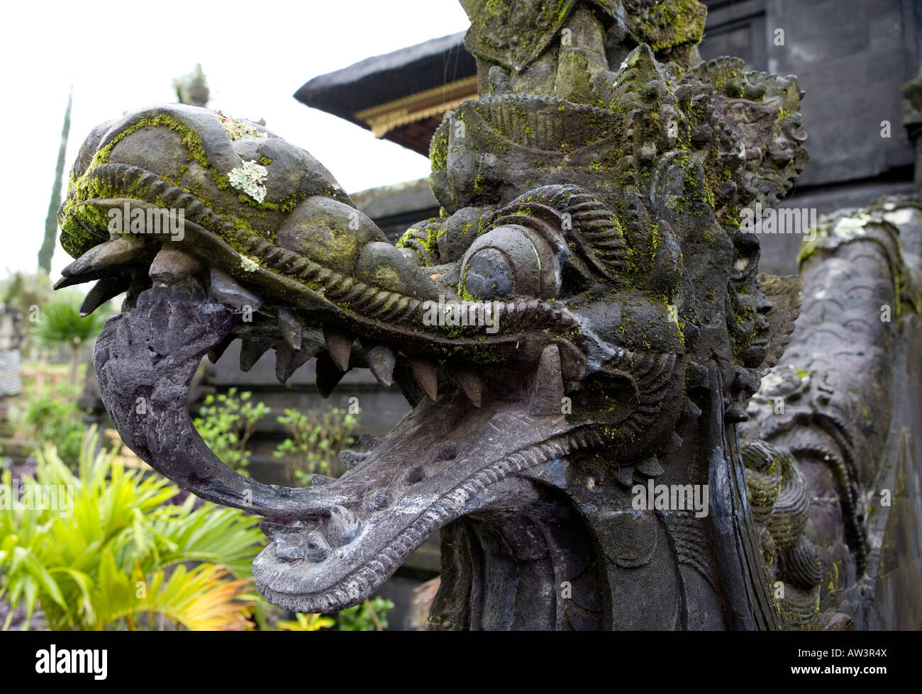 Tête de Dragon en pierre sculptée avec de la mousse à l'entrée de la Pura Besakih Temple Bali Indonesia Banque D'Images