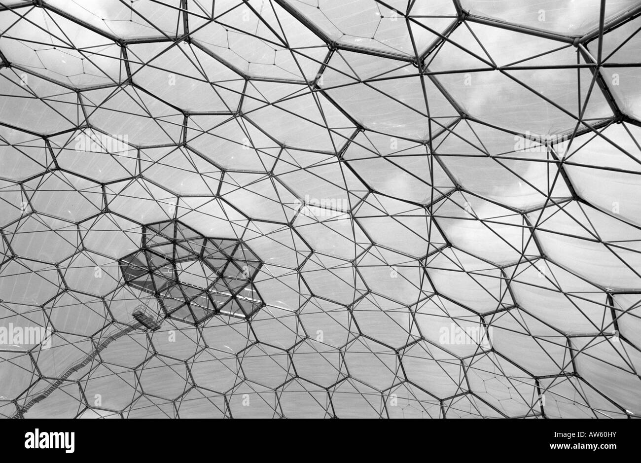 Point de vue de l'eden project détails architecturaux de la sphère avec un contraste élevé ciel dans l'arrière-plan Banque D'Images
