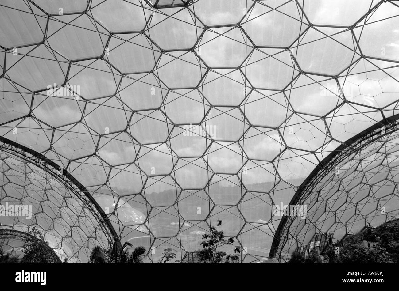 Point de vue de l'eden project détails architecturaux de la sphère avec un contraste élevé ciel dans l'arrière-plan Banque D'Images
