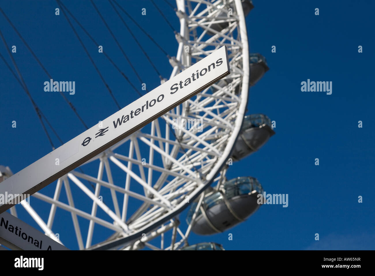 Un signe pour le métro et les gares de Waterloo overground sous le British Airways London Eye attraction touristique sur Banque D'Images