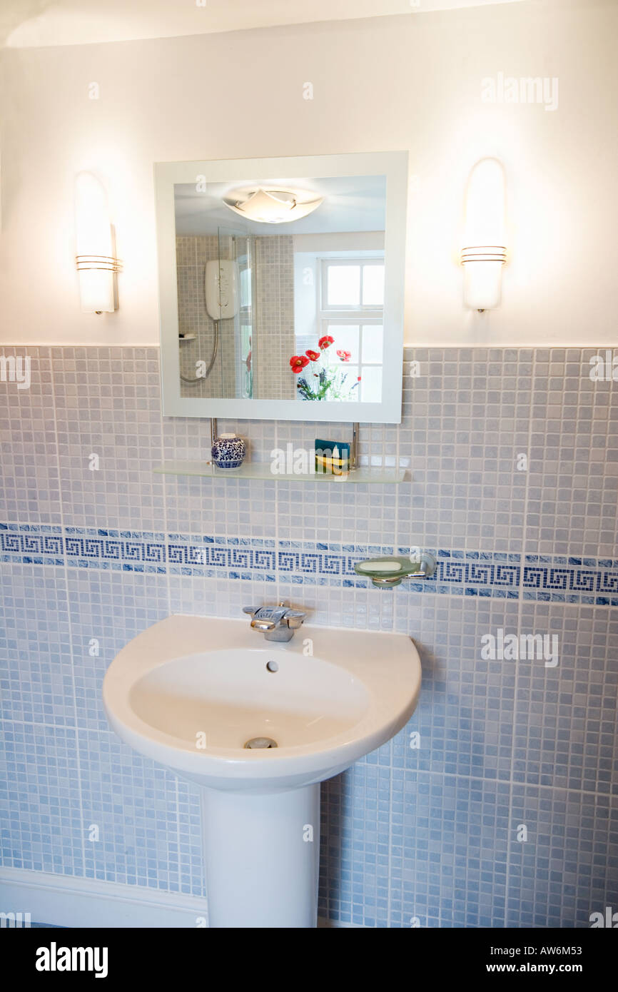 Salle de bains moderne avec lavabo AVEC MIROIR ET APPLIQUES Banque D'Images