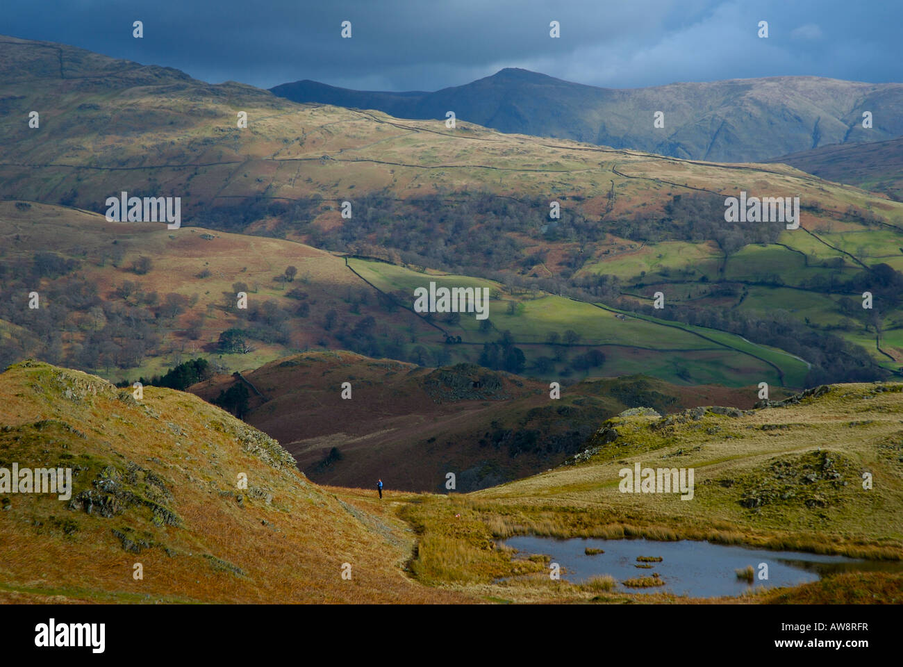 S-runner contrôle de l'itinéraire. Fairfield et mauvais de Loughrigg Fell, Bell Parc National de Lake District, Cumbria, Royaume-Uni Banque D'Images