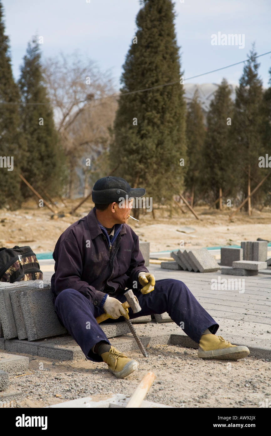 Les travailleurs sur le stade olympique de Beijing 2008 Site de construction pris en mars 2008 Banque D'Images