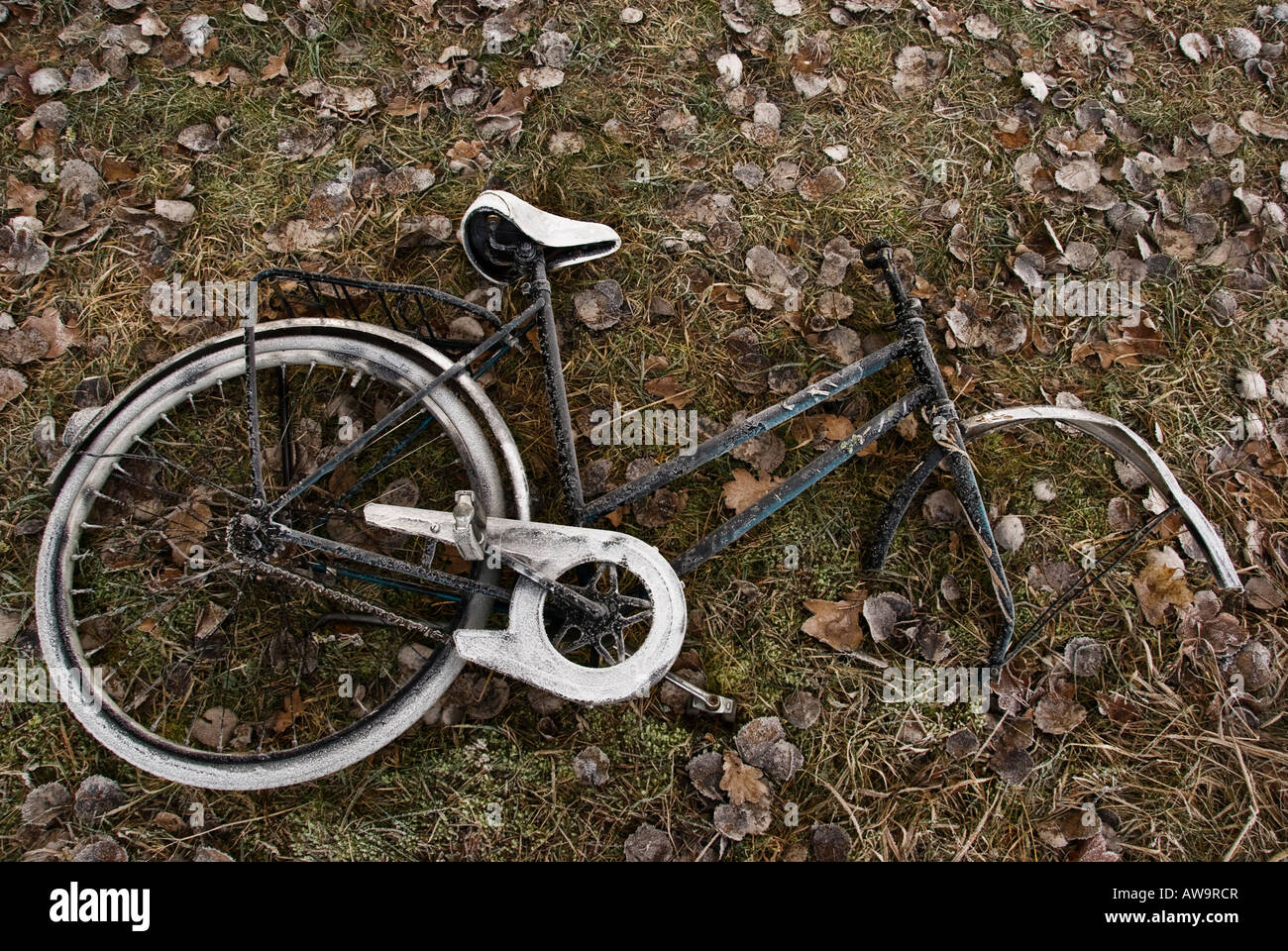 Un vélo abandonné sans la roue avant repose sur un sol glacial Banque D'Images