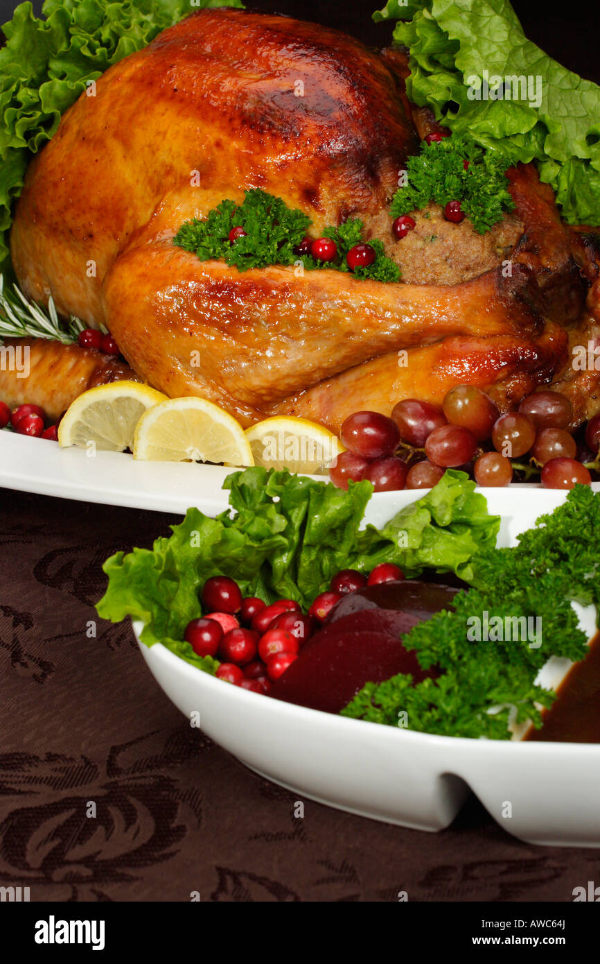 dinde farcie rôtie avec sauce sur une assiette blanche et garniture de légumes dîner de Noël sur la table au-dessus des États-Unis personne verticale haute résolution Banque D'Images