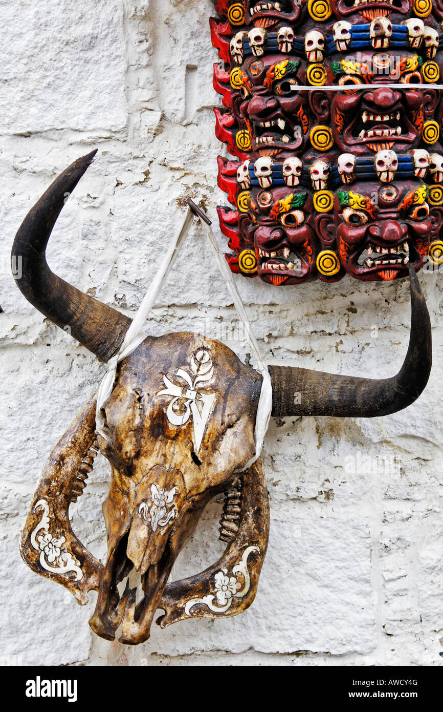 Crâne de yack avec ornements et de décharge avec masques sur la promenade autour du (Barkor temple Jokhang) , Nam-Tsho-Lake, Tibet Banque D'Images