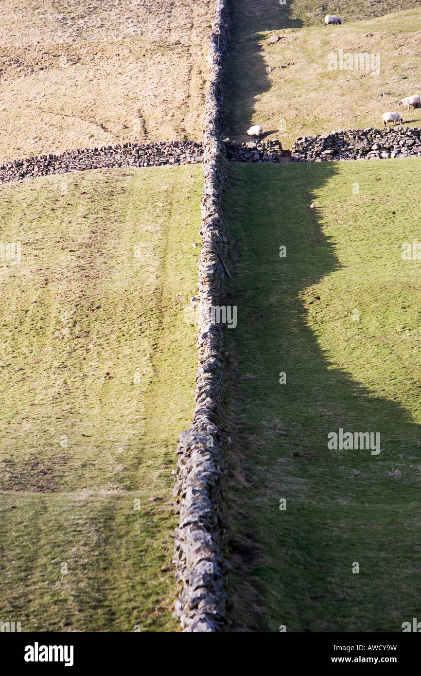 Croix de la pierre sèche au mur sur des terres agricoles est tombé, Winton yorkshire moor et frontière de Cumbrie. La région de Cumbria. UK Banque D'Images