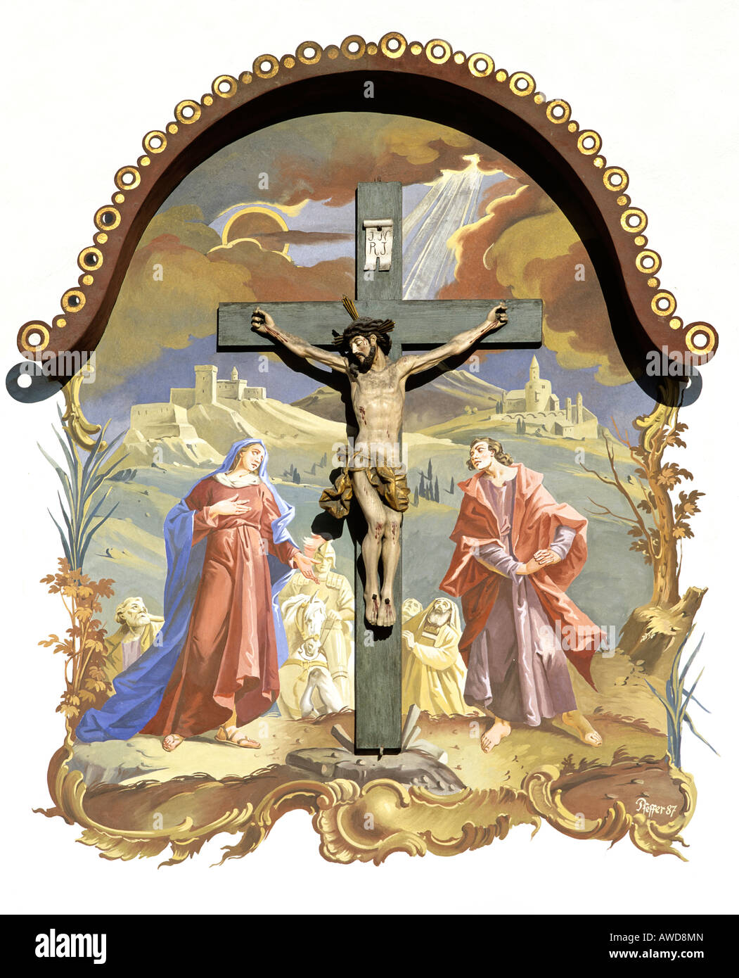 Crucifixion, façade peinte, Oberammergau, Upper Bavaria, Bavaria, Germany, Europe Banque D'Images
