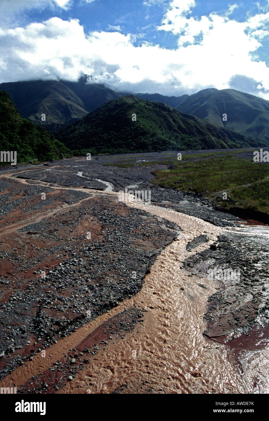 Rivière ramifié après un orage de couler le long de la Cordillère des Andes et montrant les eaux rougeâtres Banque D'Images