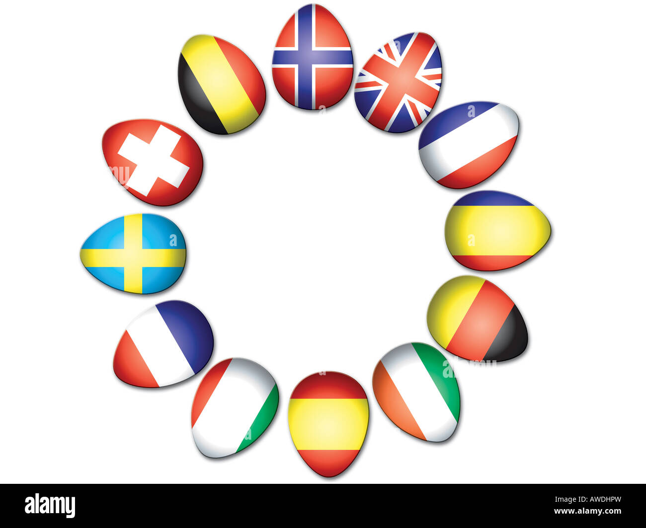 Cercle d'oeufs de Pâques représentant les drapeaux européens Banque D'Images