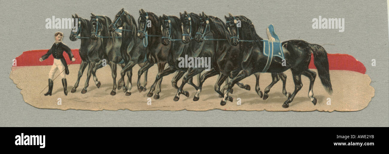 Chromolithographed découpe scrap de liberté chevaux dans un numéro de cirque circa 1880 Banque D'Images