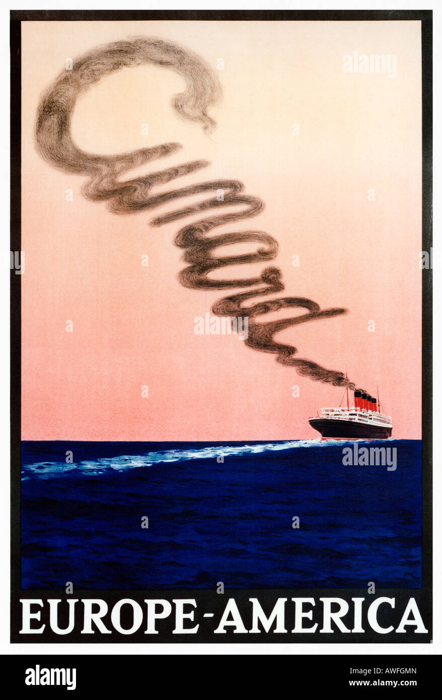 La fumée de Cunard 1920 affiche montrant leur produit phare de l'Aquitaine sur la traversée transatlantique Banque D'Images