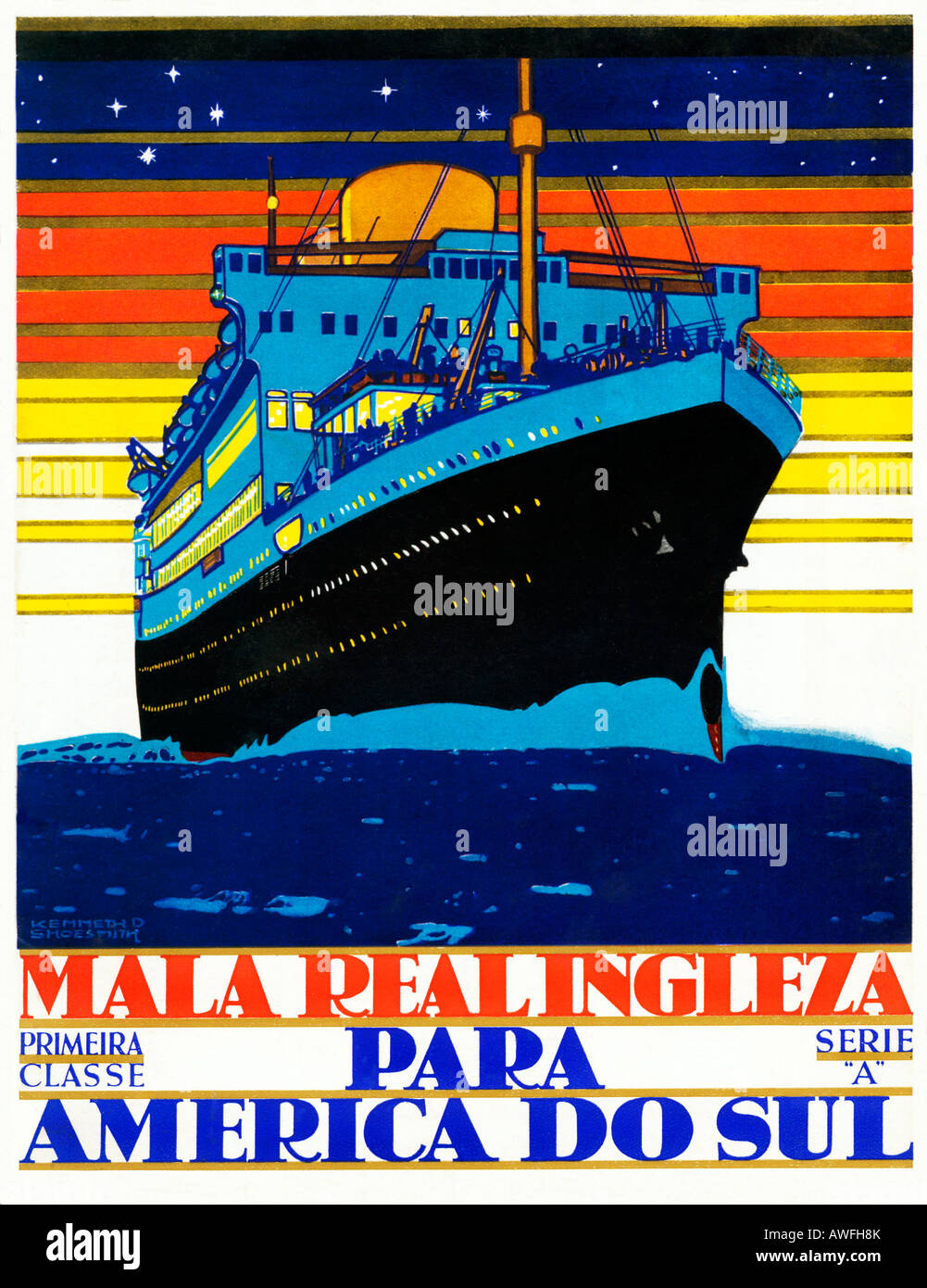 Line 1930 Portugais affiche pour le service transatlantique vers l'Amérique du Sud par la ligne de l'anglais Banque D'Images