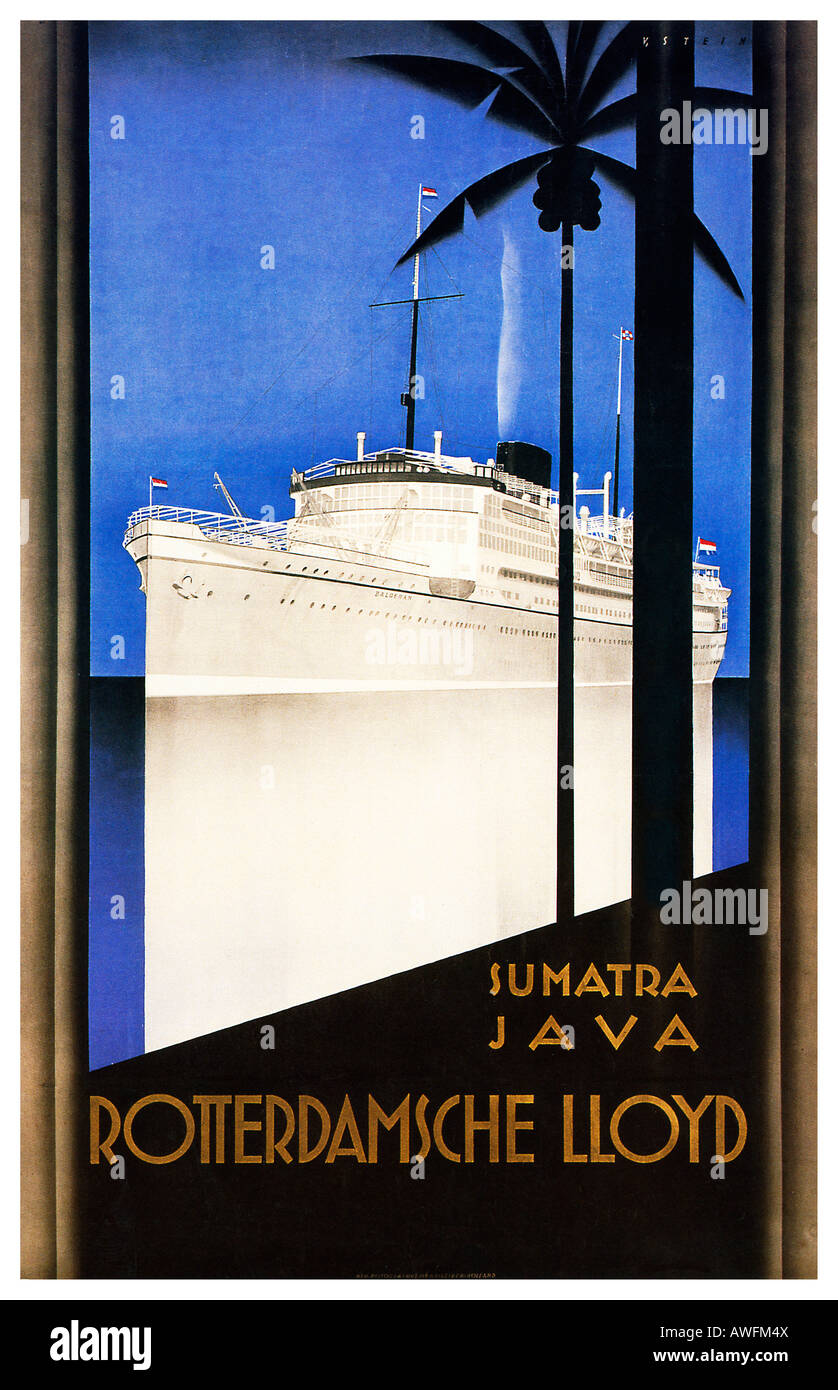 Rotterdamsche Lloyd Art déco 1930 affiche pour le service de ligne d'expédition aux Indes néerlandaises de Java et Sumatra Banque D'Images