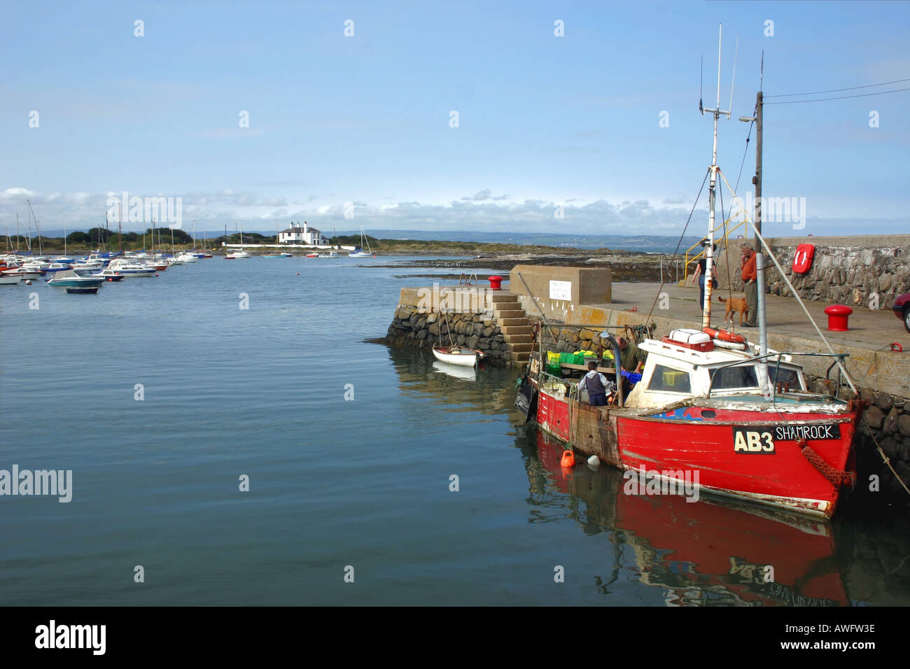 Bateau de pêche rouge amarré à Groomsport Harbour, comté de Down, Irlande du Nord Banque D'Images