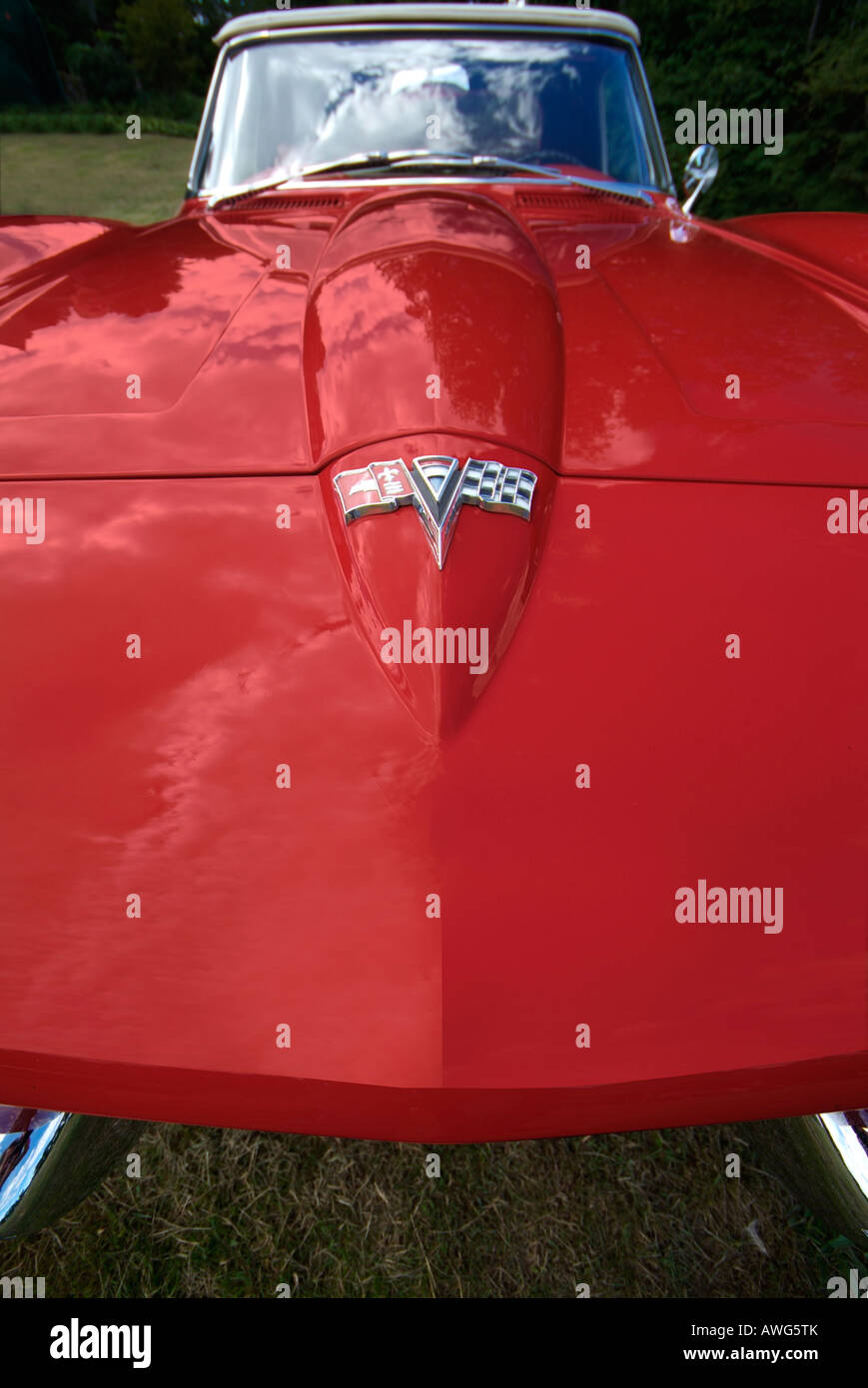 Gros plan de l'extrémité avant d'un Little Red Corvette Stingray 1967, milieu du siècle Banque D'Images