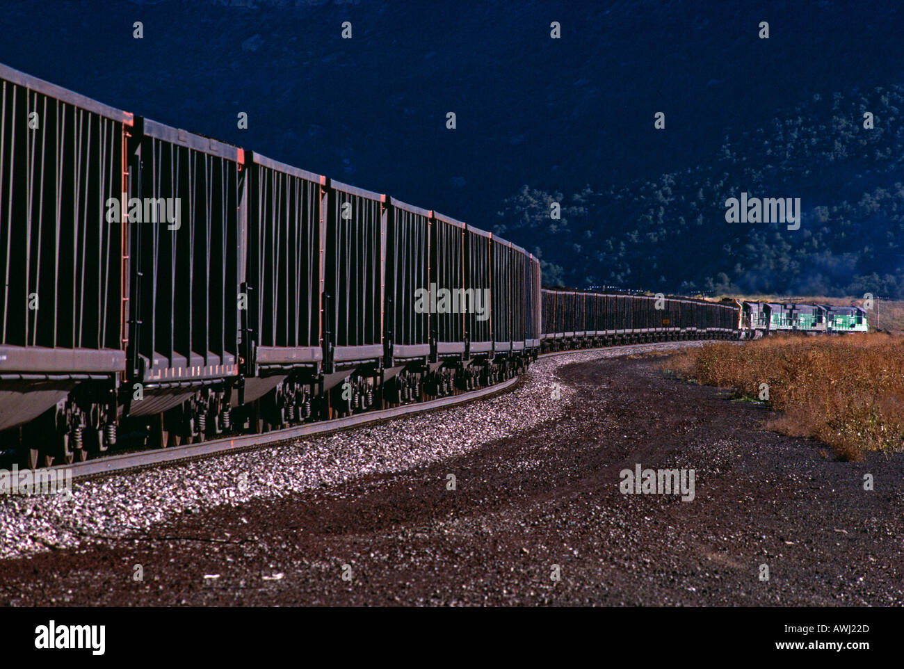 Train transportant du charbon dans la distance curviligne Banque D'Images