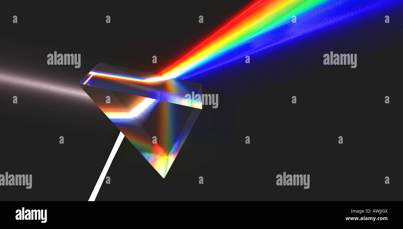 La photo montre comment les rayons de lumière blanche est été réfractée par un prisme en couleurs arc-en-ciel. Banque D'Images