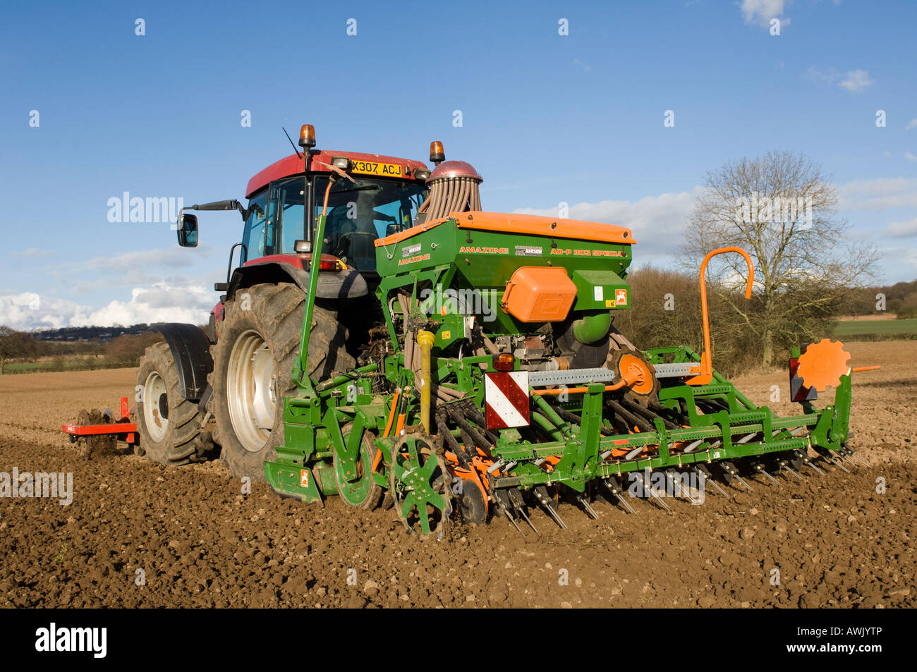 La plantation d'agriculteur haricots avec un semoir pneumatique monté sur un tracteur Maxxum Case équipé de disques montés à l'avant Banque D'Images