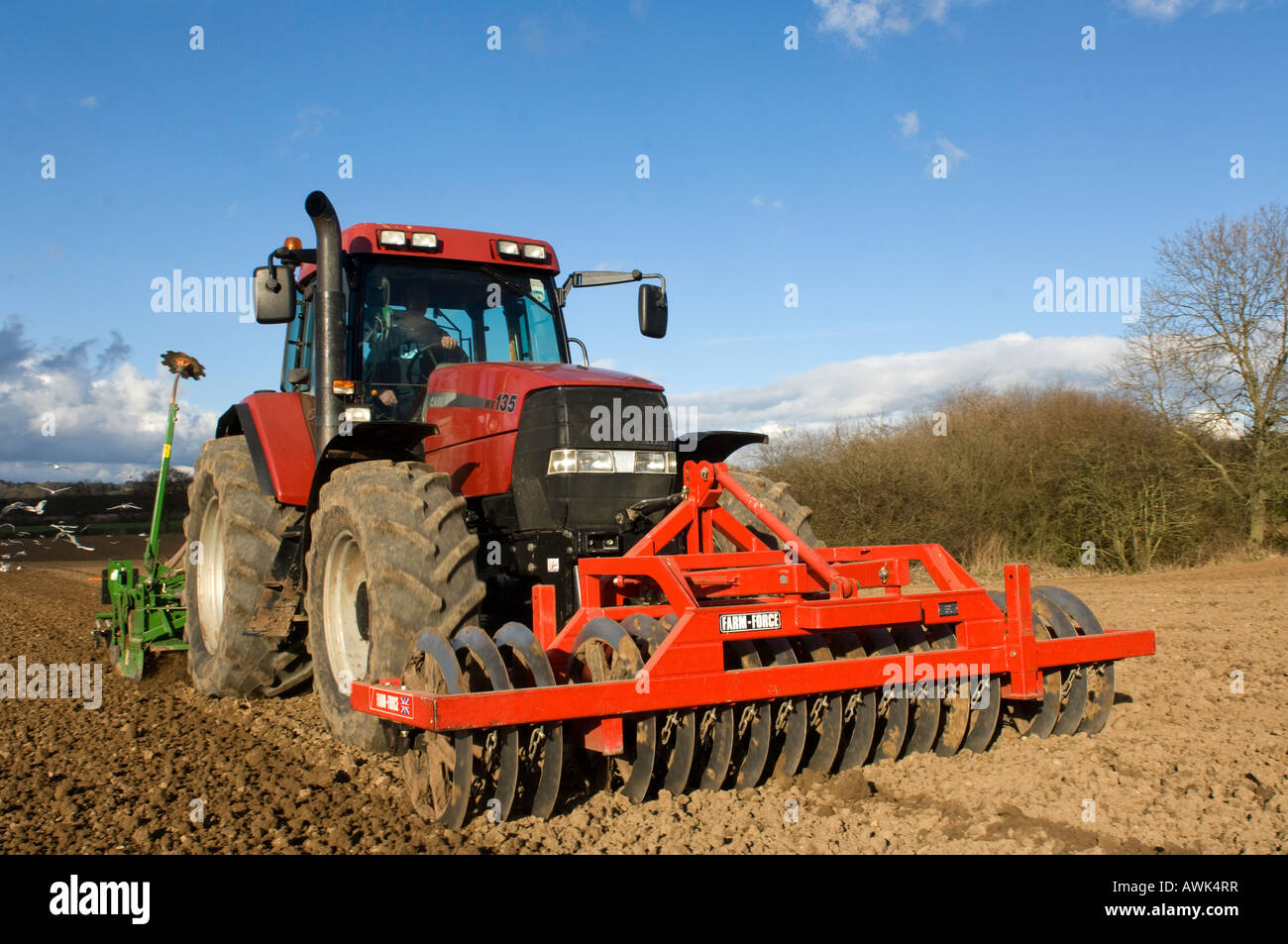 La plantation d'agriculteur haricots avec un semoir pneumatique monté sur un tracteur Maxxum Case équipé de disques montés à l'avant Banque D'Images