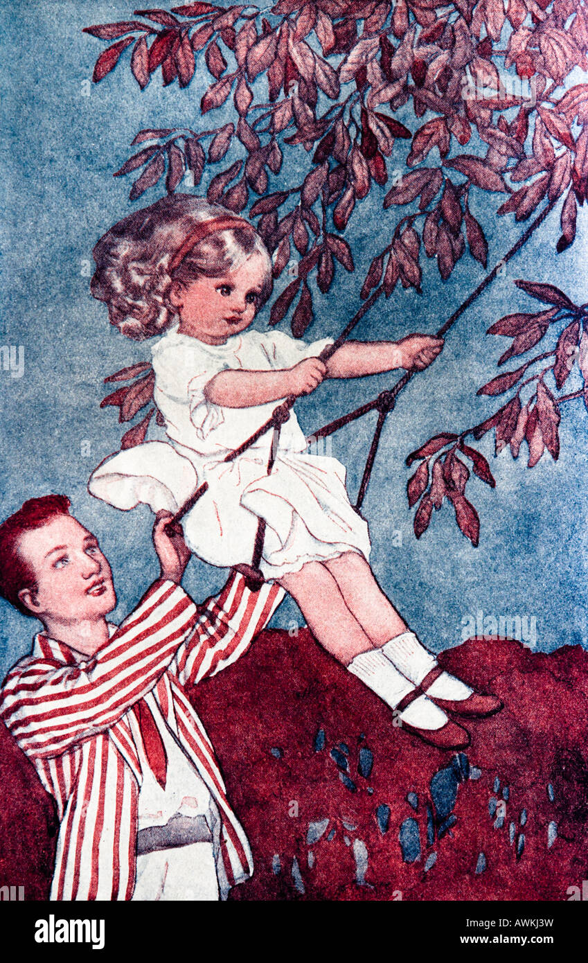 Petite fille sur une balançoire Illustration Banque D'Images