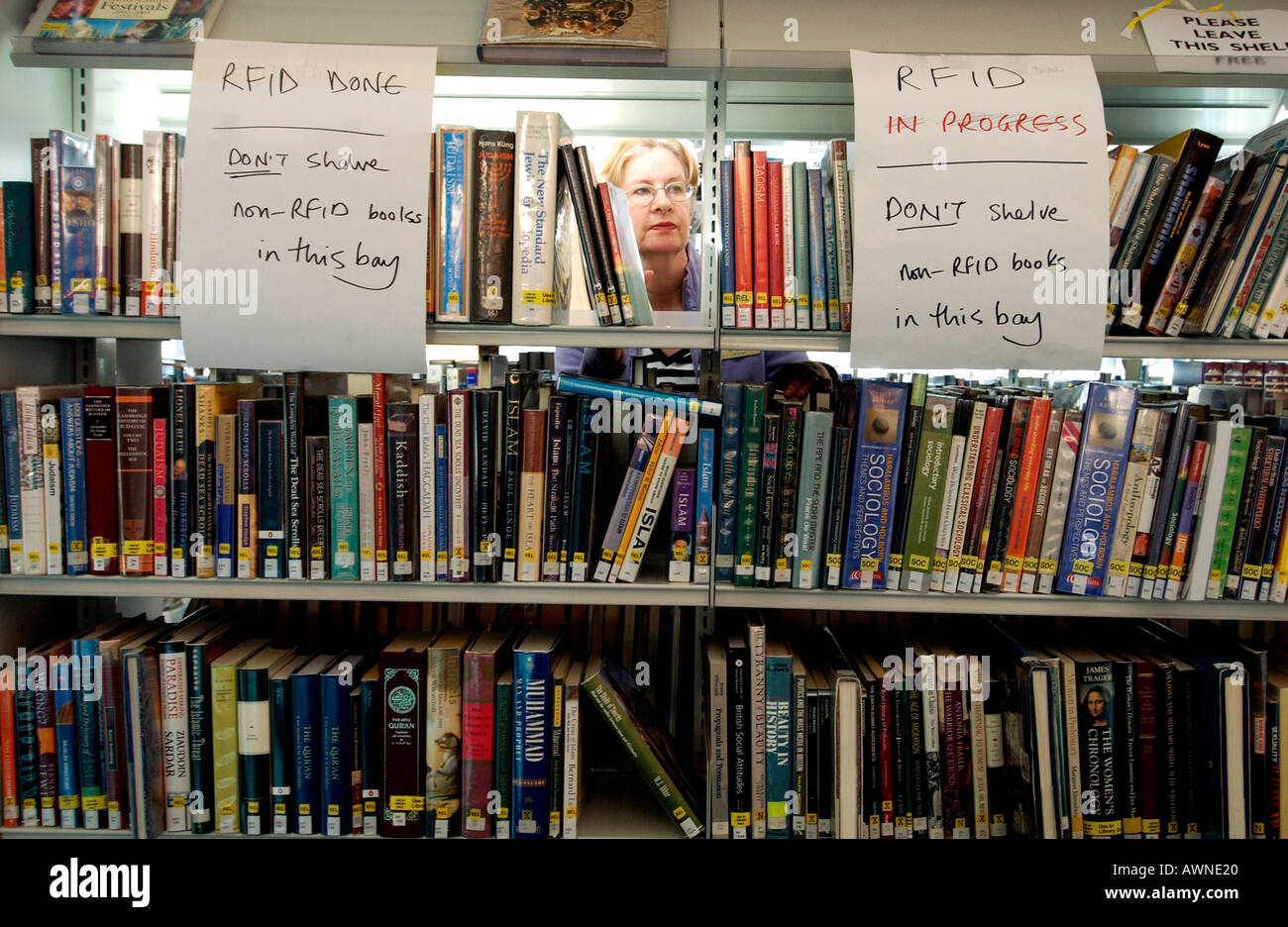 Une femme à travers un espace sur une étagère de livres dans une bibliothèque Banque D'Images
