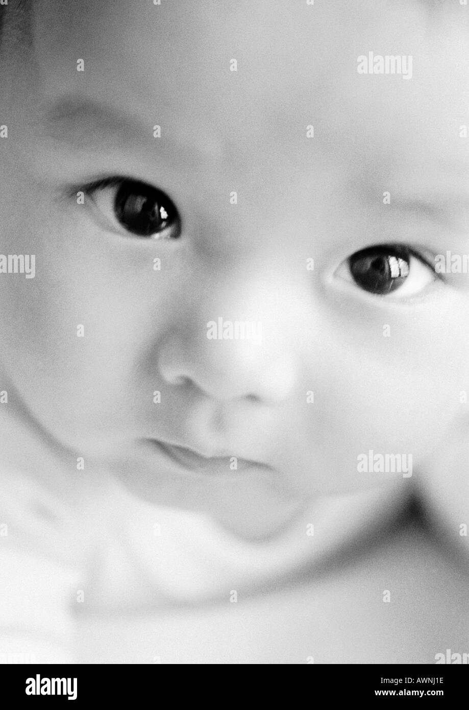 Baby looking up, portrait, B&W. Banque D'Images