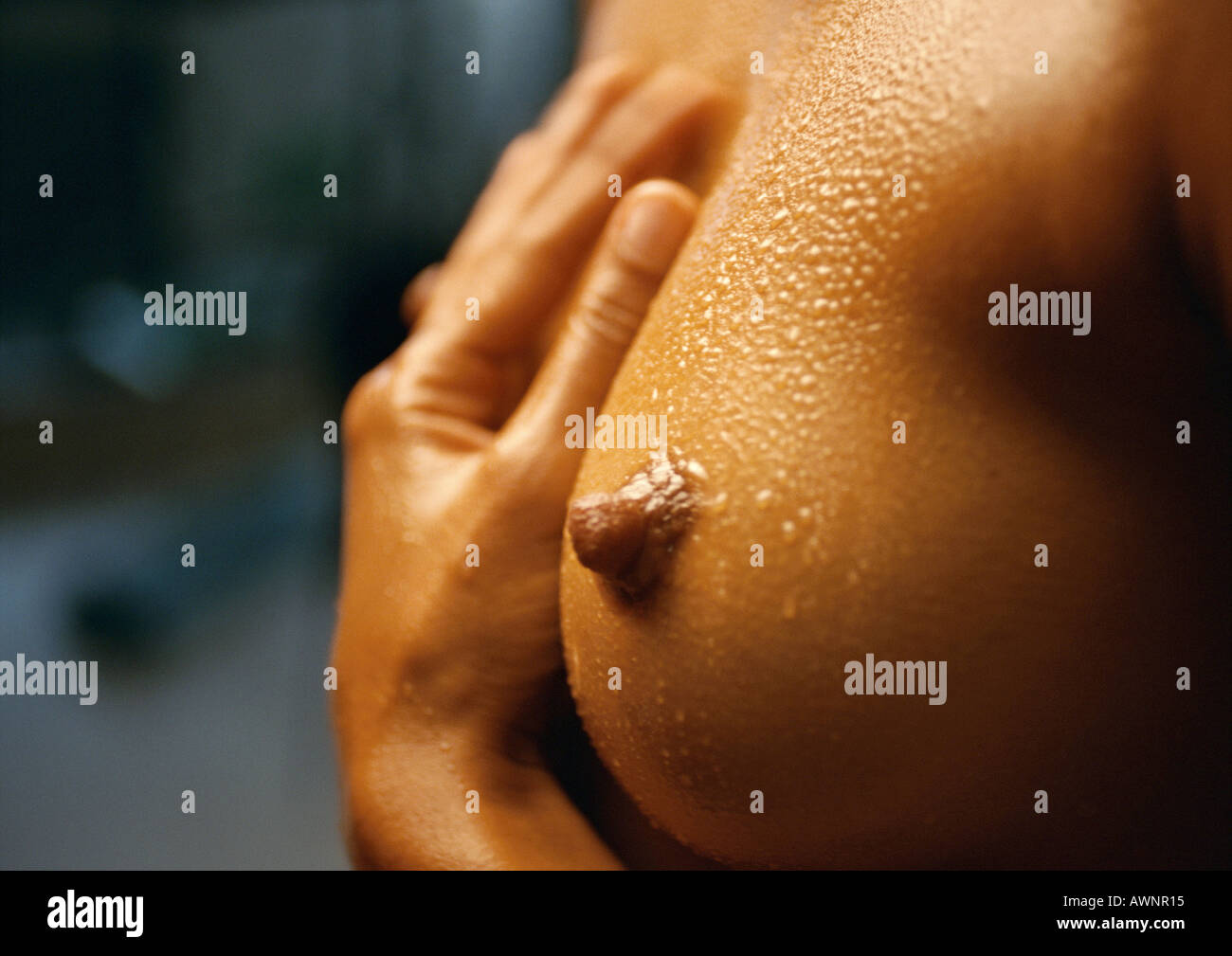 Woman's wet poitrine nue, la main entre les seins, Banque D'Images