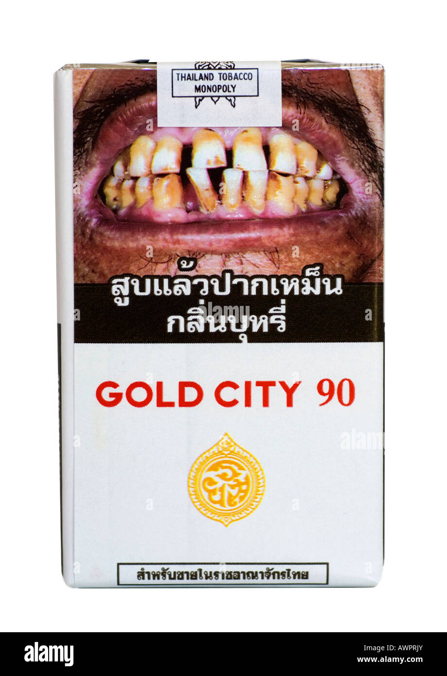 Avis d'alerte sur un paquet de cigarettes, en Thaïlande Banque D'Images