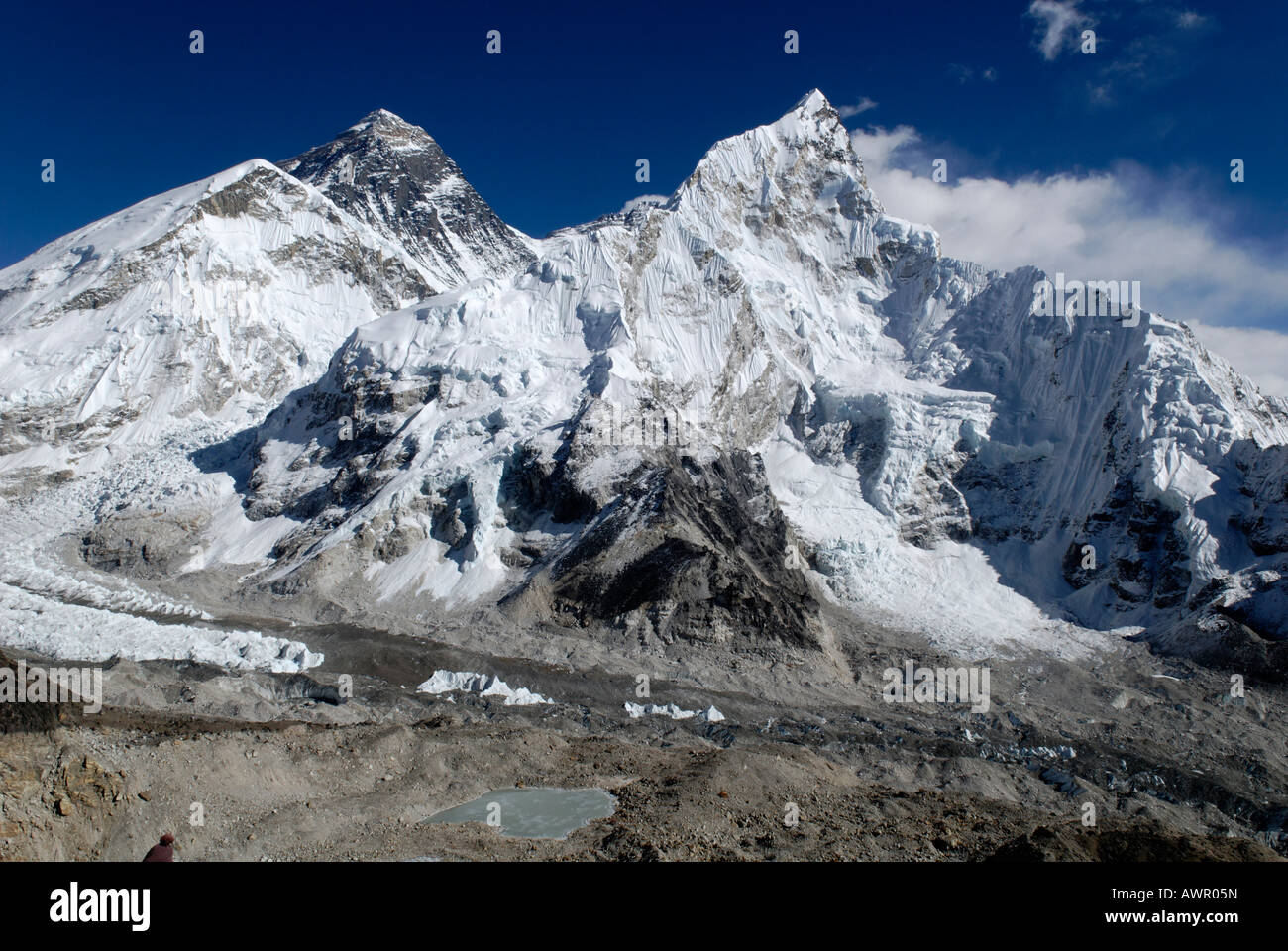 Célèbre vue depuis le Kala Patthar, Patar (5545) vers le mont Everest (8850), Nuptse (7861) et le glacier de Khumbu, National Sagarmatha Banque D'Images