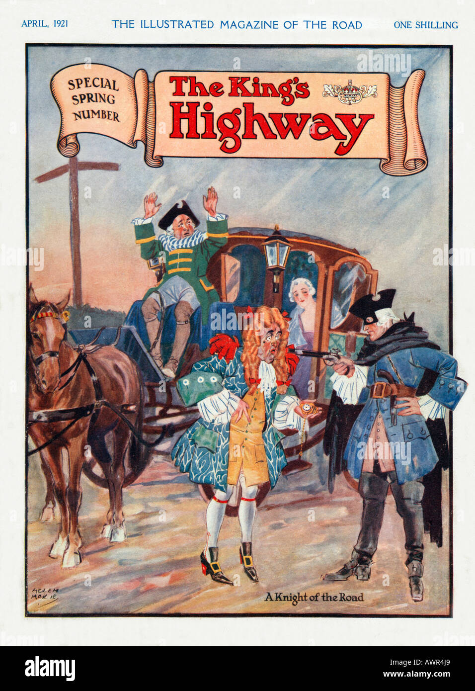 Kings Highway magazine 1920 illustration de la couverture montrant le 18ème siècle chevalier de la route au travail Banque D'Images