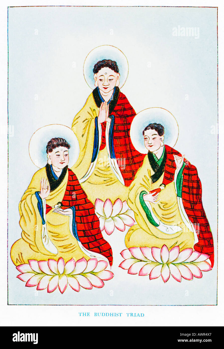 La Triade bouddhique le San Pao Pao Pao Fo Fa et la Loi de bouddha Pao Seng et le sacerdoce 1920 illustration Banque D'Images
