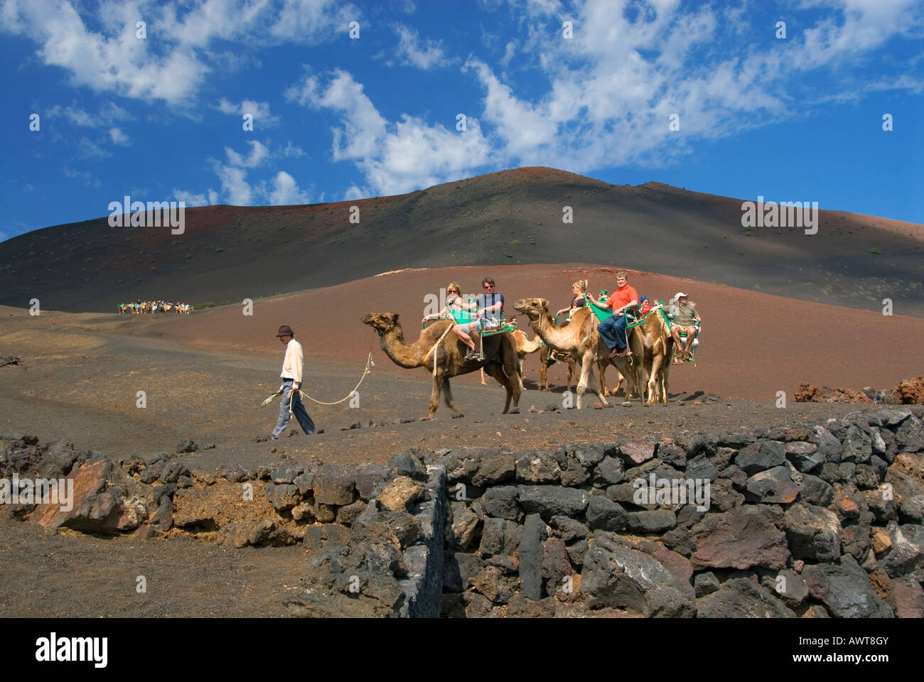 Randonnée Chamelière trek LANZAROTE TIMANFAYA train avec les touristes dans le Parc National de Timanfaya Lanzarote Iles Canaries Espagne Banque D'Images