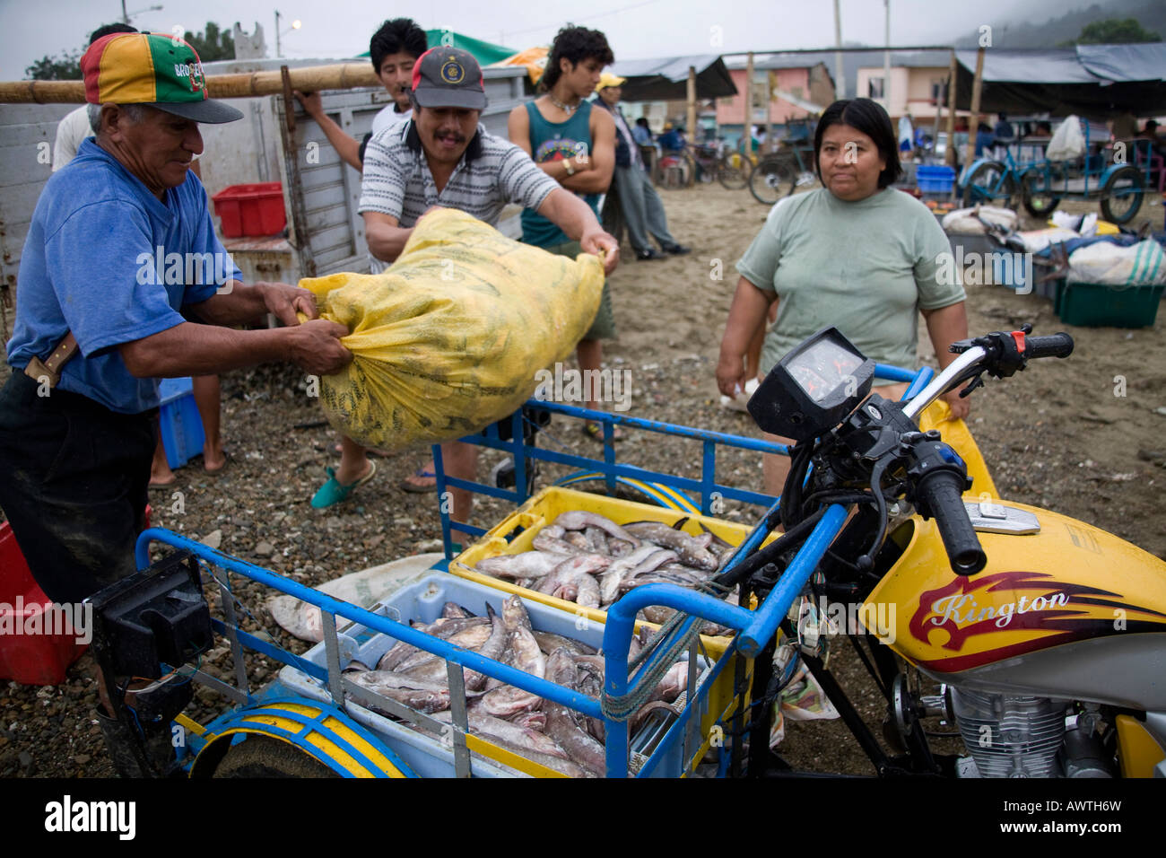 Sac poisson pêcheur chargement sur remorque moto Puerto Lopez Equateur Amérique du Sud port de pêche Banque D'Images