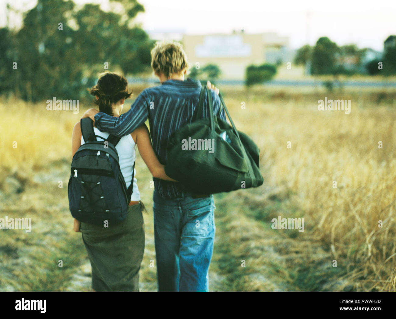 Couple en train de marcher avec les bras autour de l'autre à travers champ, vue arrière Banque D'Images