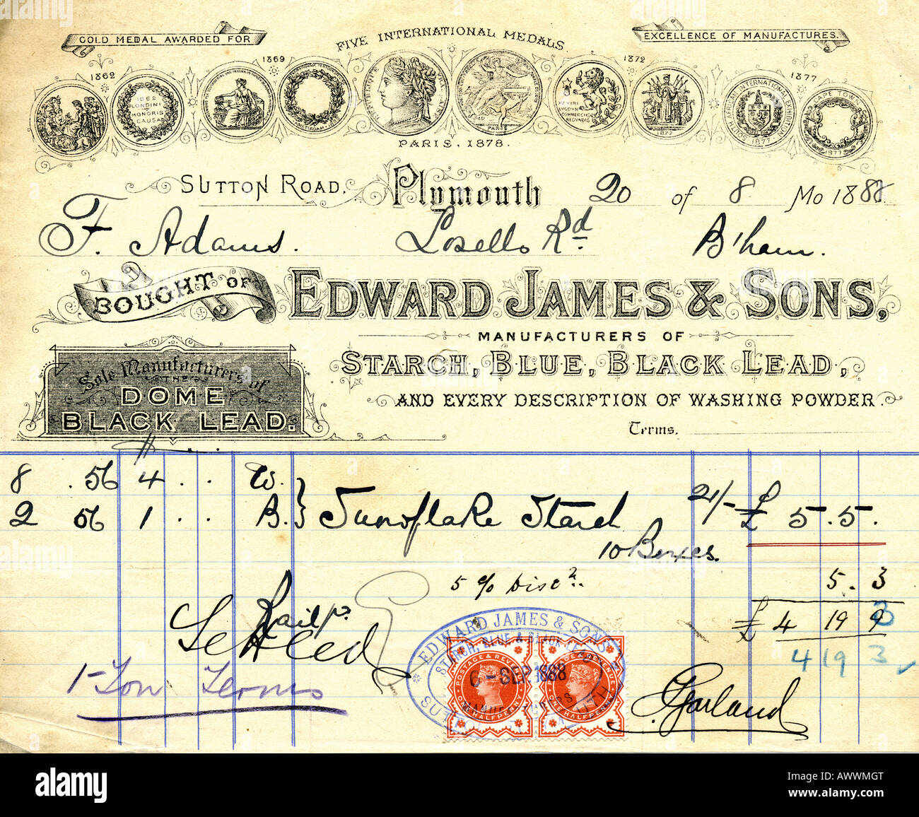 1888 Victorian vieille facture Edward James & Sons les fabricants de Plymouth 1880 avec timbres USAGE ÉDITORIAL SEULEMENT Banque D'Images