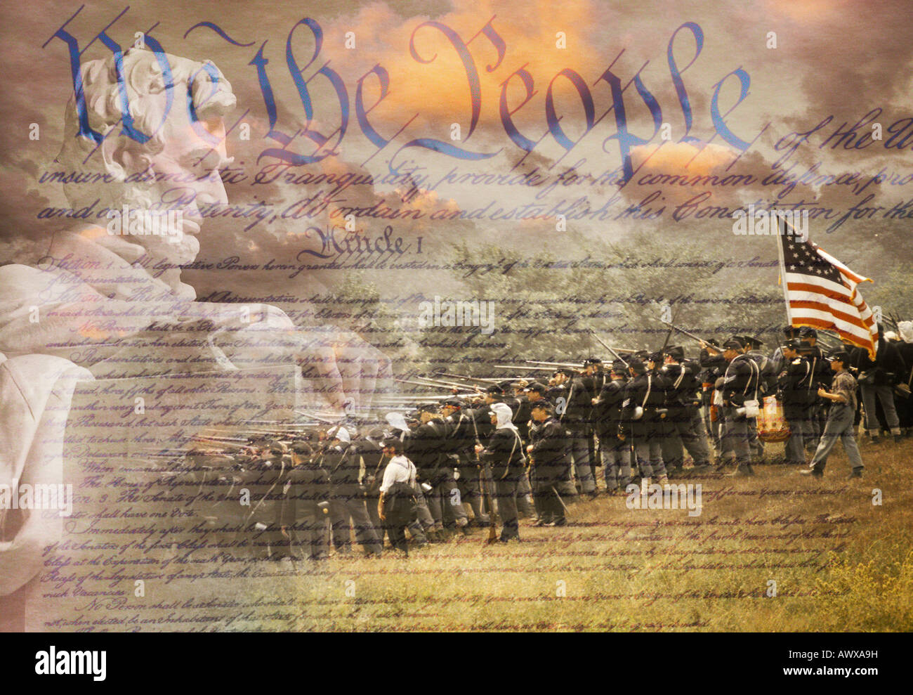 Image composite du Lincoln Memorial et de la guerre civile des soldats en plein combat avec Constitution des États-Unis Banque D'Images