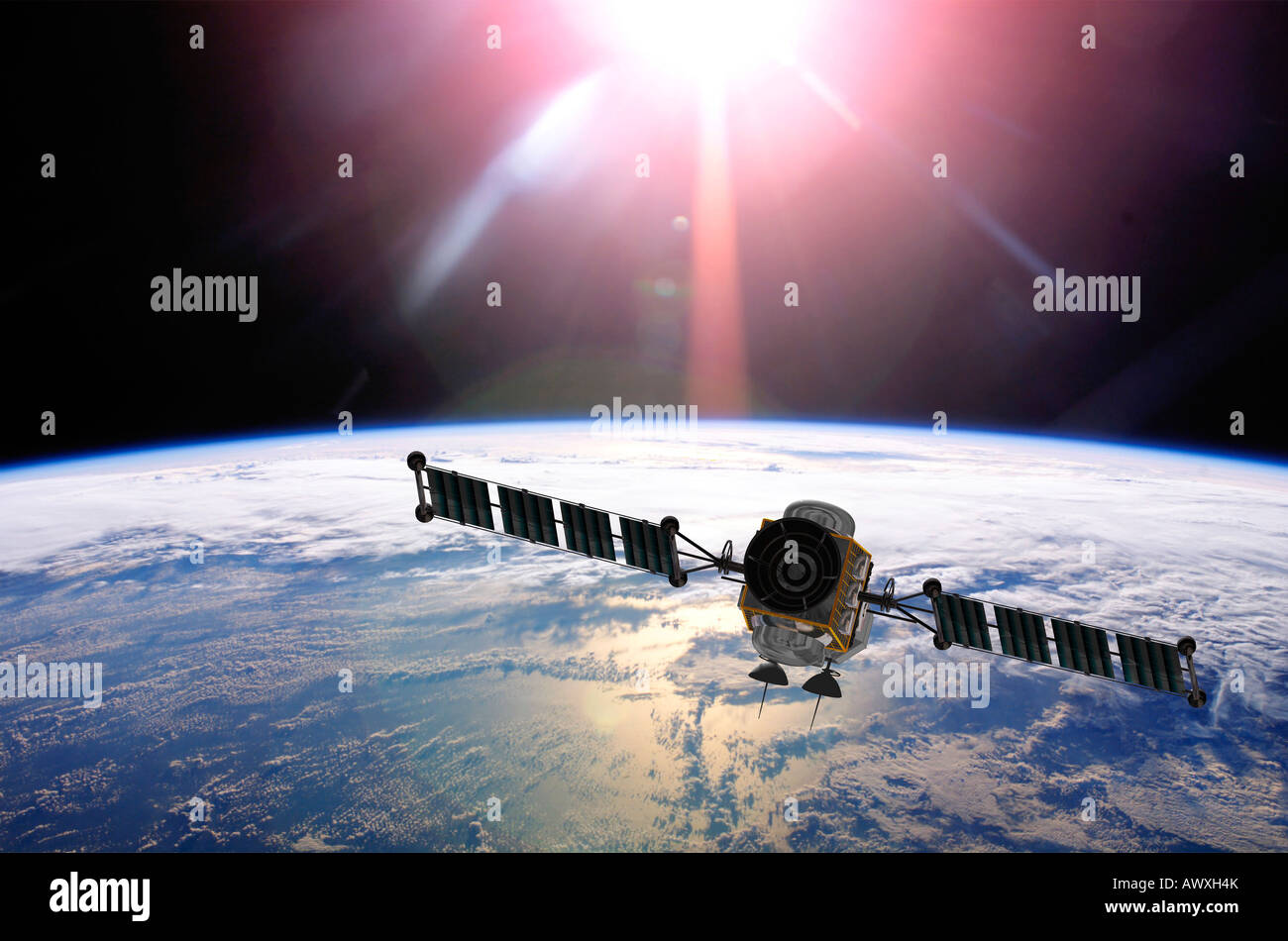 Le rendu 3D d'un satellite au-dessus de la terre vers le soleil levant. Image satellite de l'artiste, l'image de la terre de la NASA Banque D'Images